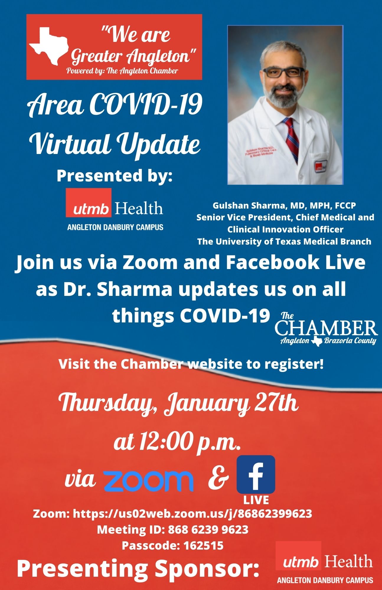 Flyer promoting Dr. Sharma webinar with Greater Angleton